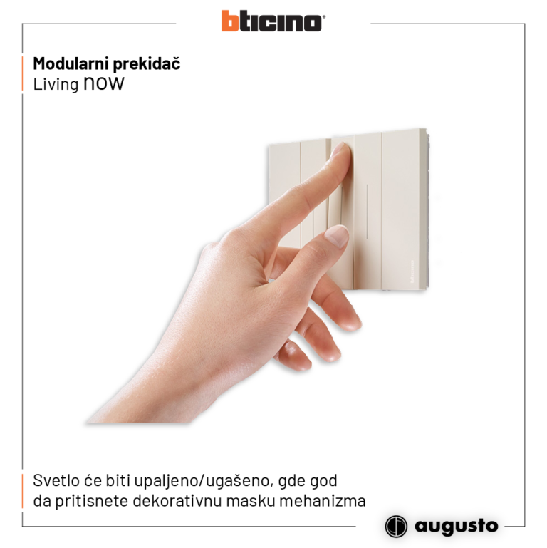 Bticino Living Now prekidač u krem boji: svetlo se pali pritiskom bilo gde na dekorativnoj maski
