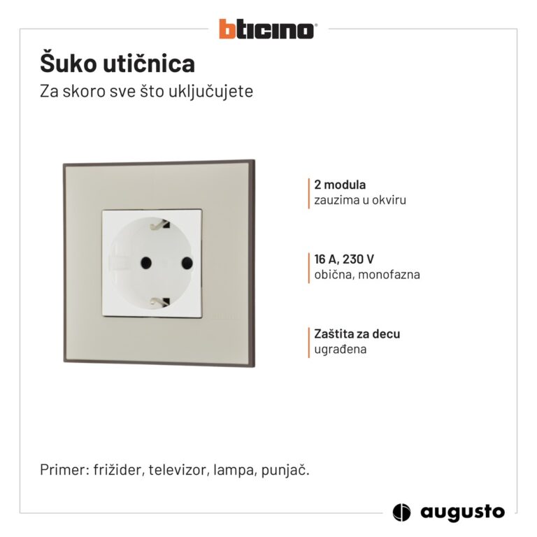 Šuko utičnica Bticino Classia: 2 modula, 16 A, zaštita za decu